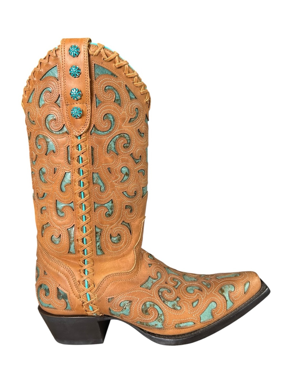 J.B. Dillon Turquoise Leather Cutout Pointed Toe boots Western Coastal Cowgirl 7